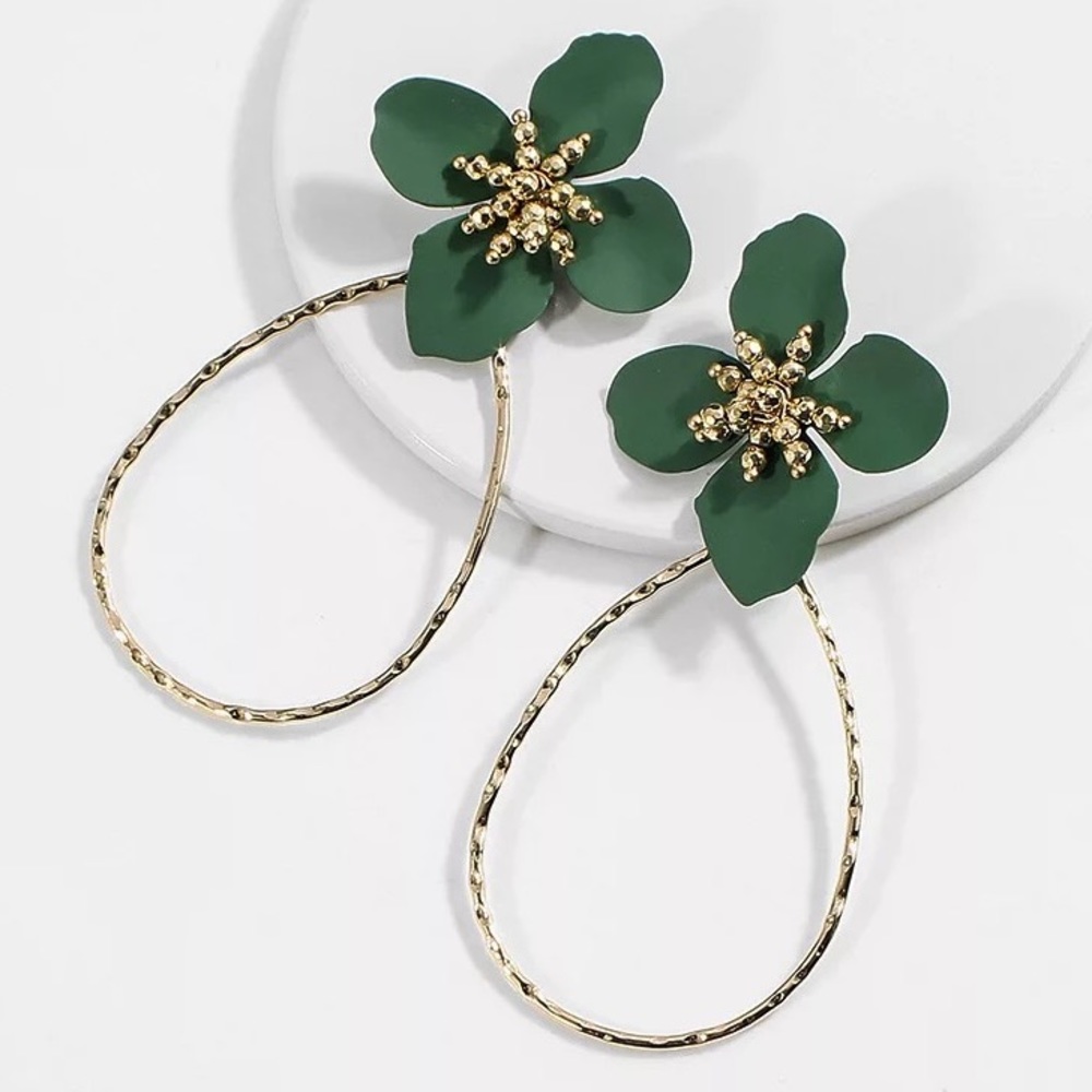 Green Flower Hoop Drop Earrings - Gold Tone NWOT